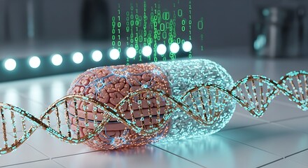 A brainlike structure intertwined with a DNA helix with binary code falling from above