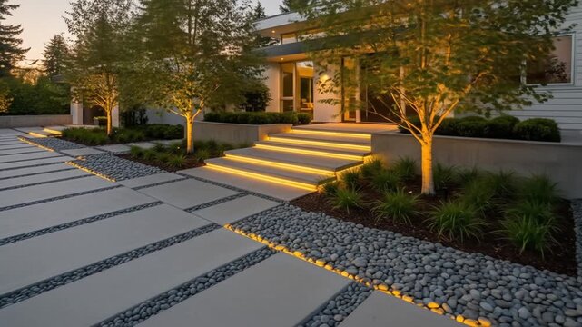 Modern home entrance with illuminated steps, pathway, pebble stones and dusk sky