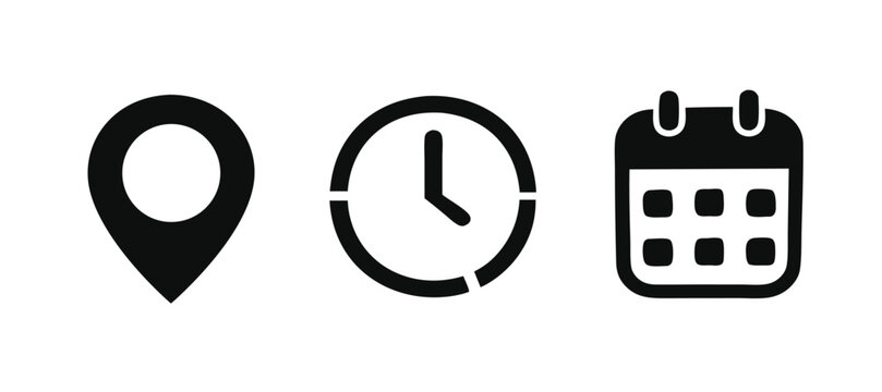Calendar, Location pin, Clock icons. Event icon set. Address, time, date symbols vector 
