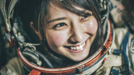 Fototapeta premium A visionary scene shows a girl in an astronaut style helmet confidently embracing the essence of next generation space travel.