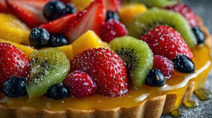 Delicious Fruit Tart with Fresh Berries and Kiwi.