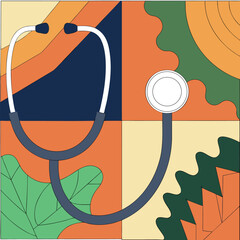 Retro Medical Art Stethoscope Design with Abstract Shapes and Earthy Tones in a Decorative Fashion Displaying Medical Concepts