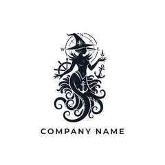 Fototapeta premium Mystical Mermaid Witch with Nautical Elements Logo Design.