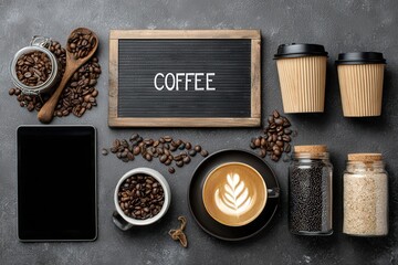 Flat lay coffee beans, latte, disposable cups, tablet, and letter board on dark textured background