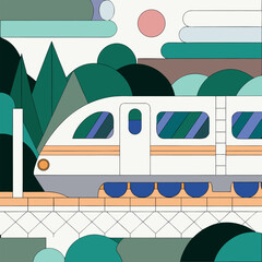 Modern Train Journey Amidst Abstract Landscapes Retro Inspired Design Harmonious Color Palette Simple Shapes Minimalist Composition Geometric Abstraction