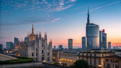 Obraz premium milan italy landmark skyline at dawn