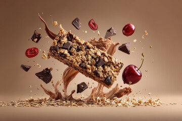 Delicious Granola Bar with Flying Ingredients.