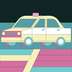 Stylized Two-Tone Taxi Cab Illustration with Pink and Teal Accents, Geometric Composition with a Retro Vibe and Simple Design Elements