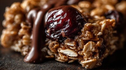 Delicious Granola Bar with Cherry and Chocolate Drizzle Close-Up.