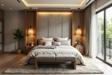Interior of modern comfortable bedroom. Front view. Modern bedroom. 3d rendering.