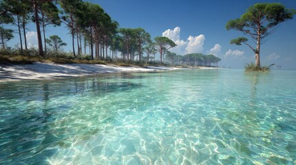 Obraz premium Tranquil beach with pine trees. Crystal-clear water