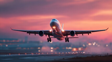 Naklejka premium A commercial airplane taking off at sunset with a pink and orange sky.