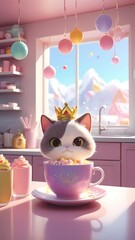 Cute cat in a cup of tea - Cartoon style illustration