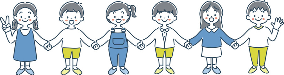 笑顔で手をつなぐ子供たちのシンプルでおしゃれなイラスト素材