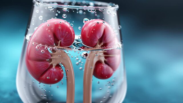 Medical anatomy of human kidney submerged in pure water, health concept showing how proper hydration prevents stone disease and supports vital organ function
