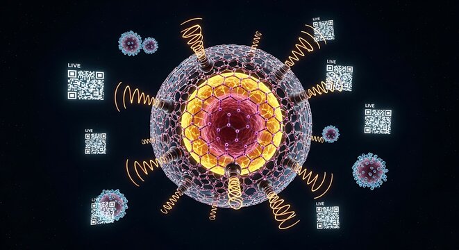 Nanostructure surrounded by viral particles and QR codes
