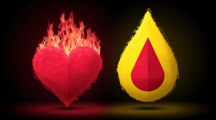Obraz premium Heart flame burning passion red fire heat energy yellow droplet red teardrop contrast duality concept emotion glows in bold color with textured detail and dramatic balance