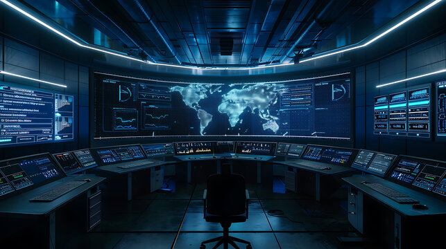 High-tech control room with illuminated world map and multiple computer monitors displaying data