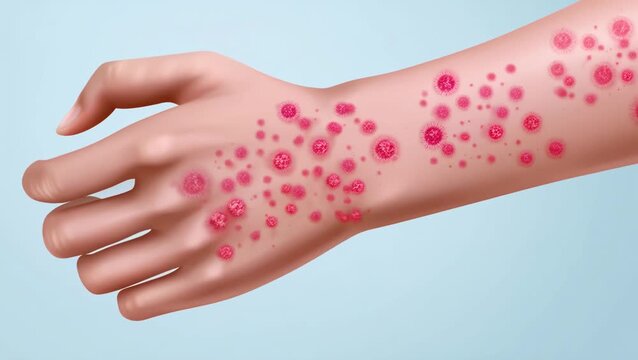 Medical guide to painful mpox monkeypox skin rash symptom on human arm and hand. Understanding virus infection with red blisters showing serious illness