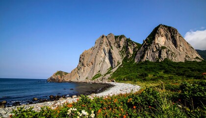 Rocky coastline with lush vegetation