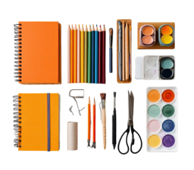 Colorful art supplies arranged in a grid