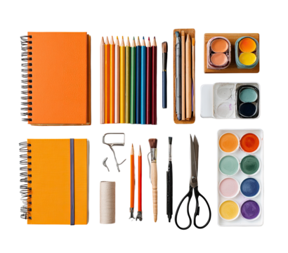 Colorful art supplies arranged in a grid