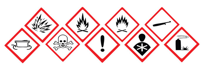 Globally Harmonized System (GHS) hazard Warning symbols with red curved outline isolated on transparent background. All 9 GHS chemical labelling stickers