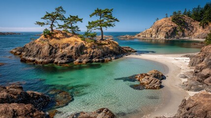 Coastal cove with small island and clear water