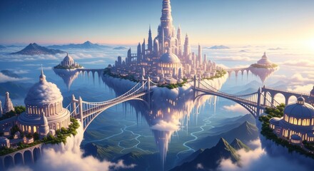 Fototapeta premium Majestic Sky City Illuminated at Dawn, Hovering Above a Verdant Valley with Winding River and Distant Mountains, Connected by Elegant Bridges Amidst Clouds and a Star-Dusted Sky