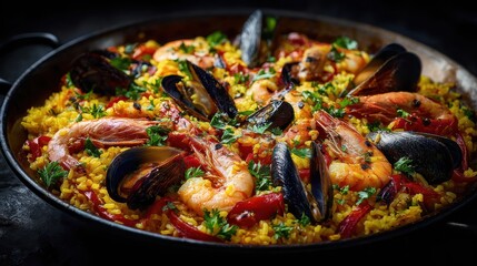 Delicious Seafood Paella in a Traditional Pan.