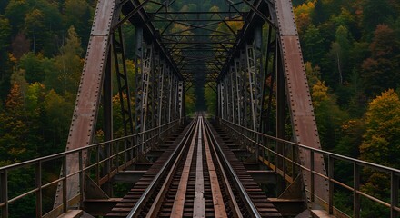 Train tracks on a metal bridge through a forest.