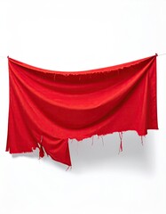 Red draped fabric, torn and frayed, hangs from string against white background