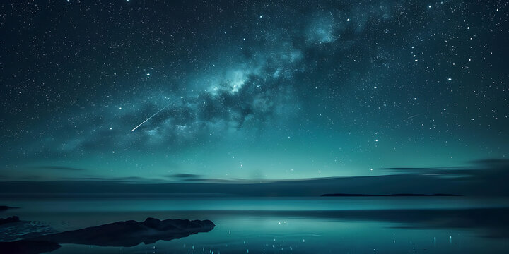 Serene night sky with milky way and shooting star over calm ocean waters