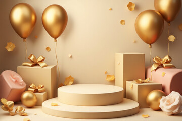Product podium with realistic and balloons with golden ribbon element, 3d luxury style background. vector illustration backdrop design
