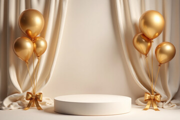 Product podium with realistic and balloons with golden ribbon element, 3d luxury style background. vector illustration backdrop design