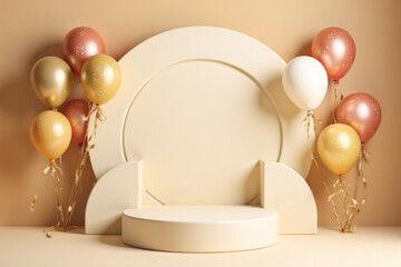 Product podium with realistic and balloons with golden ribbon element, 3d luxury style background. vector illustration backdrop design