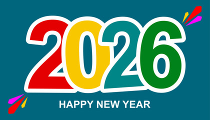 2026 Happy New Year Colorful Typography &ndash; Festive Celebration Design on Blue Background