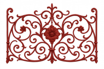 Intricate red metalwork gate with floral motifs, isolated on a transparent background, offers a touch of elegance for design projects
