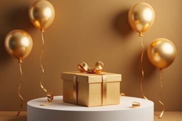 Product podium with realistic and balloons with golden ribbon element, 3d luxury style background. vector illustration backdrop design