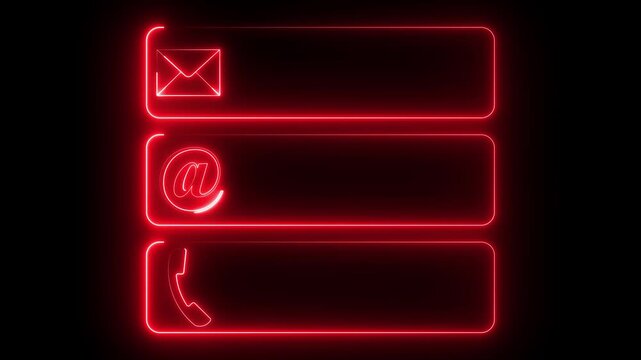 Neon contact icons set with mail, at symbol, and phone on dark background, digital interface design elements for website, app, communication, customer service, and support