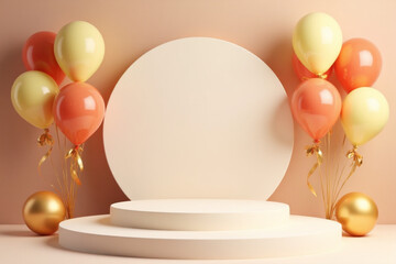 Product podium with realistic and balloons with golden ribbon element, 3d luxury style background. vector illustration backdrop design