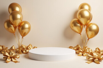 Product podium with realistic and balloons with golden ribbon element, 3d luxury style background. vector illustration backdrop design