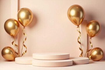 Product podium with realistic and balloons with golden ribbon element, 3d luxury style background. vector illustration backdrop design