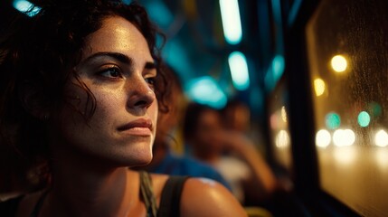 Fototapeta premium A woman's thoughtful gaze reflecting the city lights at night during a bus ride