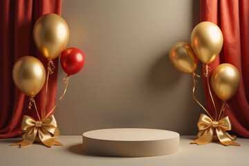 Product podium with realistic and balloons with golden ribbon element, 3d luxury style background. vector illustration backdrop design