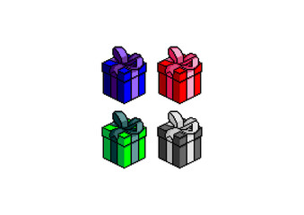 Pixel art of four gift boxes with bows in blue, red, green, and gray, arranged in two rows on a plain white background.