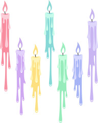 Colorful wax candles with dripping wax and glowing flames.