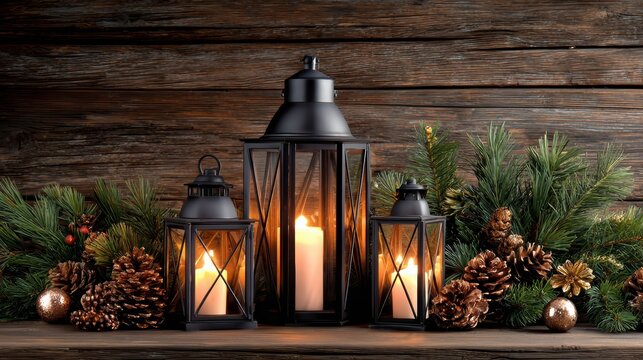 Festive lanterns glowing warmly amidst pine branches and pinecones on a rustic wooden background
