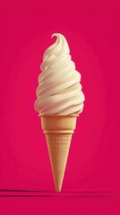 Delicious Vanilla Ice Cream Cone on Pink Background.