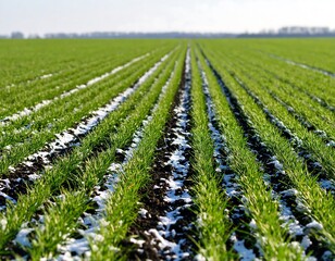 A field of young wheat seedlings, covered in patches of snow